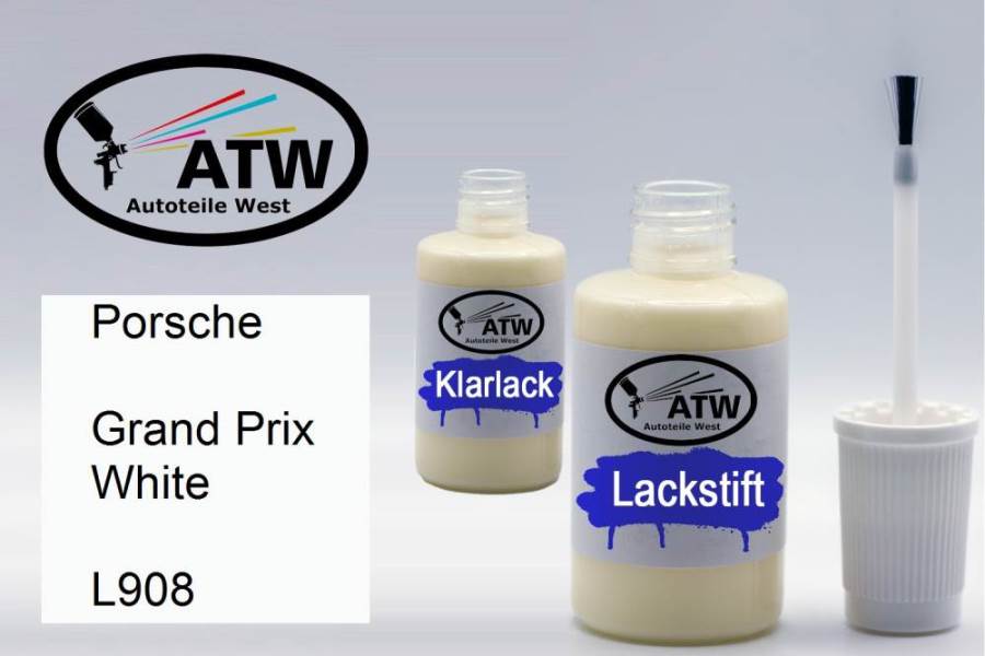 Porsche, Grand Prix White, L908: 20ml Lackstift + 20ml Klarlack - Set, von ATW Autoteile West.